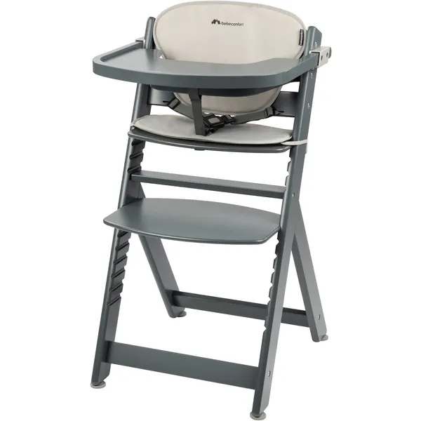 Cadeira de Alimentação Alta Bébé Confort Timba Gray Mist: Design compacto e dobrável, altura ajustável, bandeja amovível e lavável na máquina de lavar louça, proporcionando refeições seguras, confortáveis e práticas para o seu bebé a partir dos 6 meses.