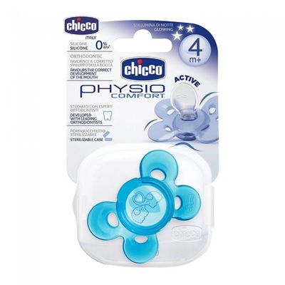 Chicco Physio Comfort Silicone Chupeta Azul: Suporte para o desenvolvimento ortodôntico do seu bebé com tetina macia em silicone, orifícios de ventilação e anel flexível. Para bebés a partir dos 4 meses.