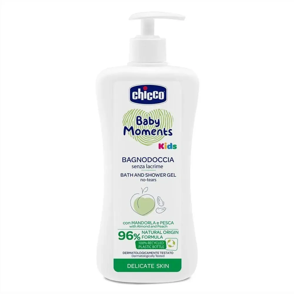Chicco Baby Momentos BagnoDoccia: Gel de banho suave e hipoalergénico para a pele delicada do bebé, com 91% de ingredientes naturais. Disponível em embalagem de 500ml.