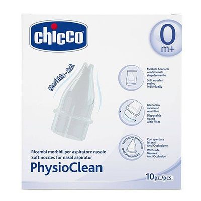 Embalagem com 10 recargas de silicone para aspirador nasal Chicco Physioclean.