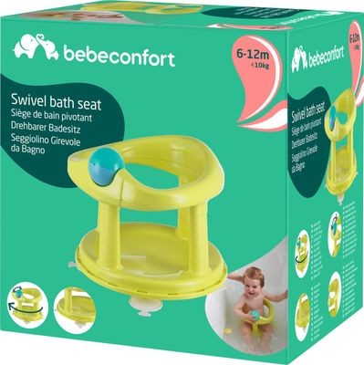 Bebê sorrindo enquanto se diverte no assento de banho giratório Lima da Bébé Confort.