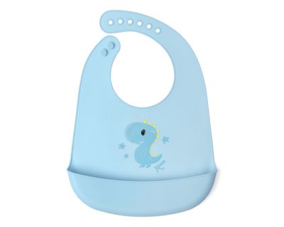 Babador de silicone azul kiokids com estampa de dinossauro, ideal para a hora da papinha.