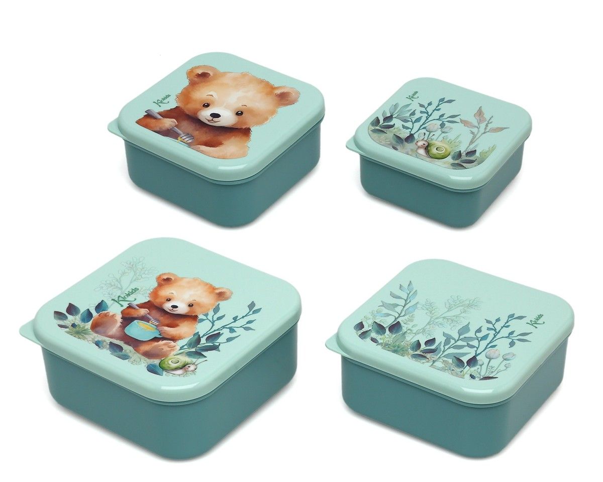 Conjunto de 4 recipientes Kiokids com estampas de animais adoráveis.
