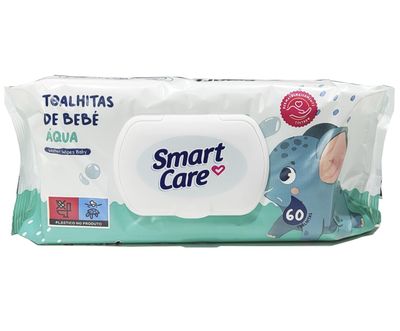  Pacote com 60 toalhitas umedecidas com 99% de água pura, ideal para a pele sensível do bebê.