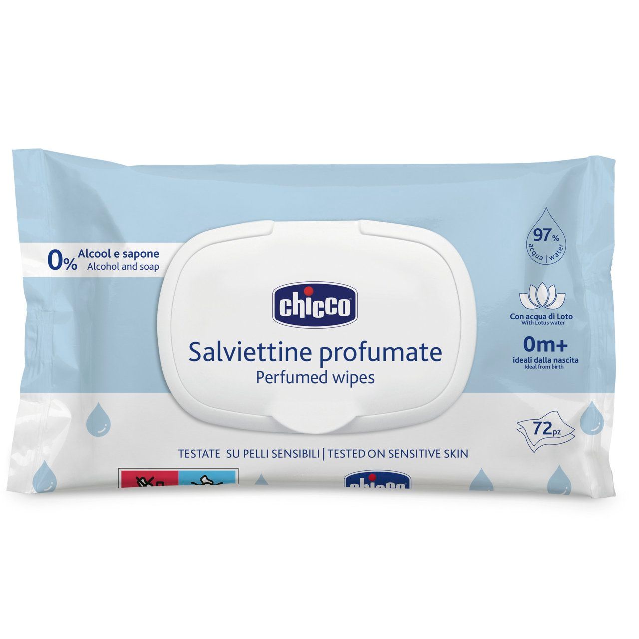 Pacote com 72 toalhitas perfumadas Chicco, ideal para uma limpeza delicada e perfumada da pele do bebê.
