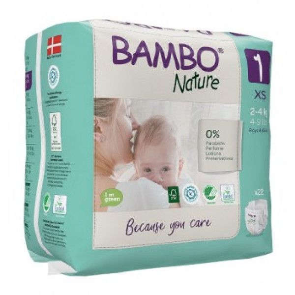 Fraldas Bambo Nature Tamanho 1 XS (2-4Kg) pacote com 22 unidades