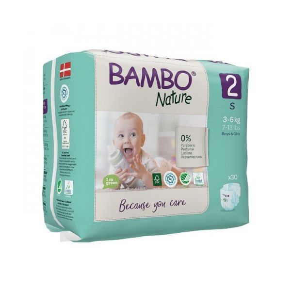 Fraldas Bambo Nature Tamanho 2 S (3-6Kg) pacote com 30 unidades