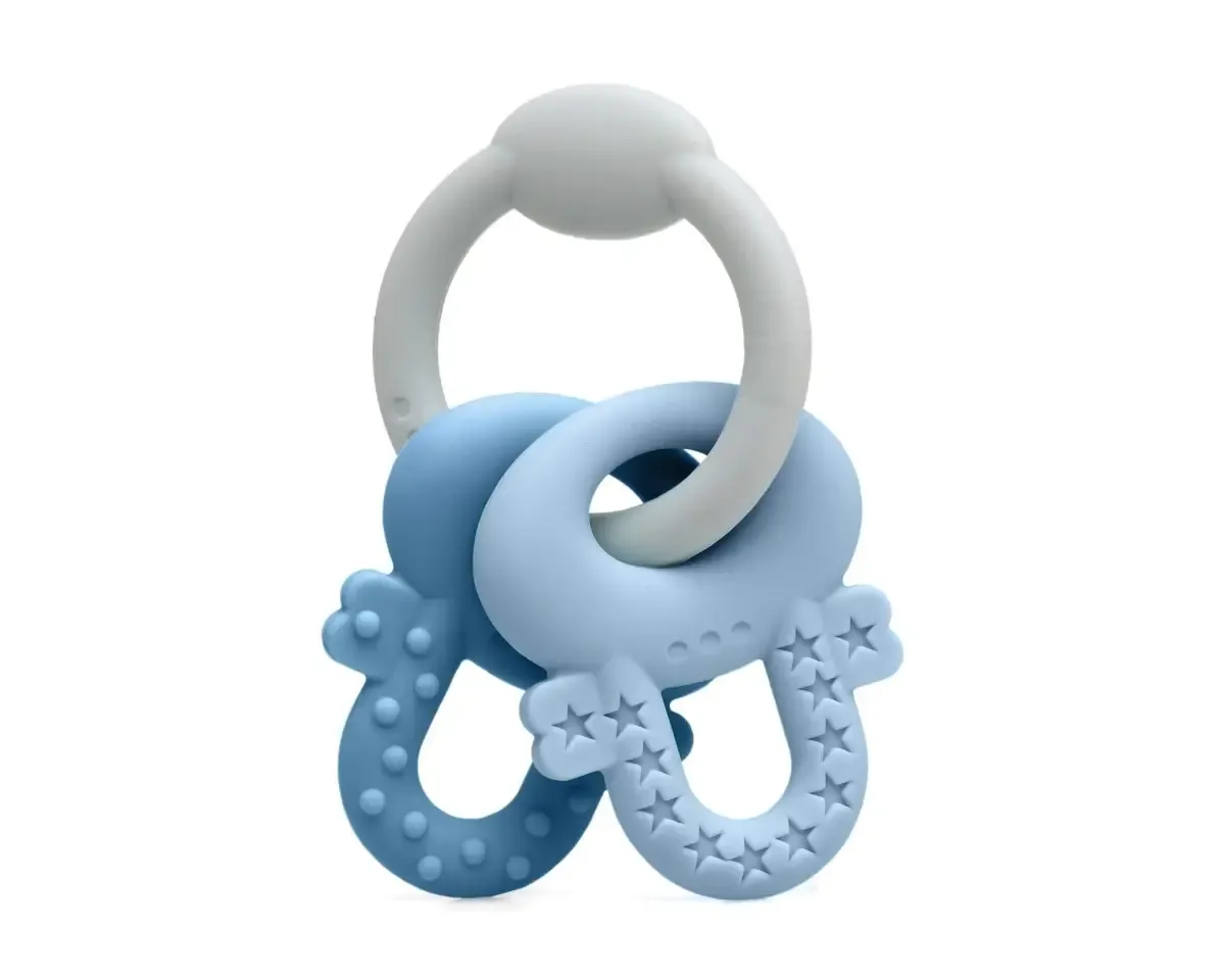 Mordedor Chaveiro de Silicone Kiokids azul e cinza para bebês a partir de 3 meses, alívio para a dentição.