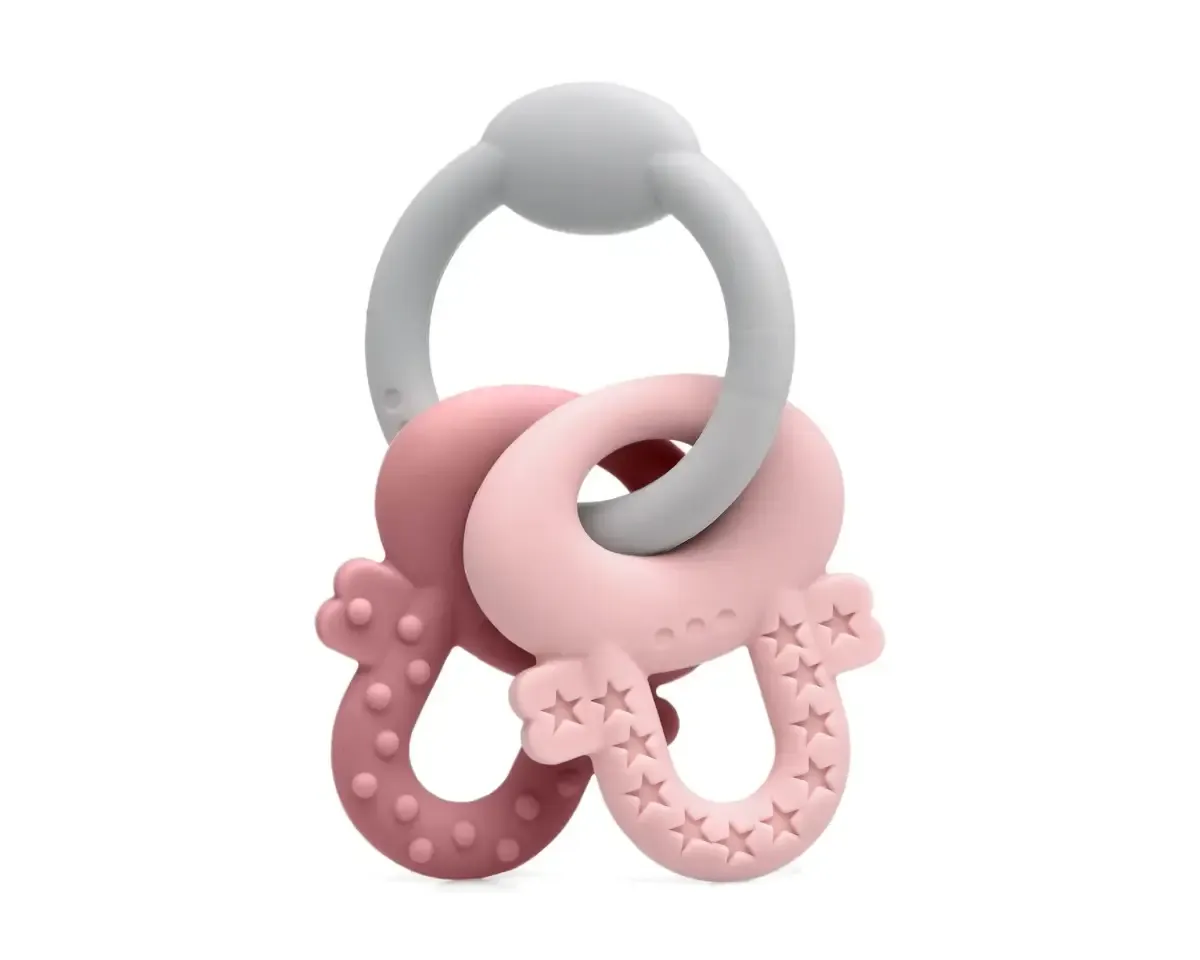 Mordedor Chaveiro de Silicone Kiokids rosa e cinza para bebês a partir de 3 meses, alívio seguro para a dentição.