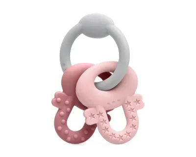 Mordedor Chaveiro de Silicone Kiokids rosa e cinza para bebês a partir de 3 meses, alívio seguro para a dentição.