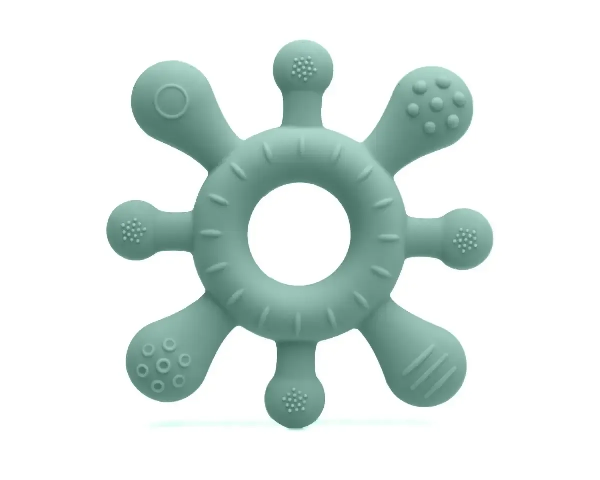 Mordedor estrela em silicone sálvia da Kiokids, ideal para bebês com mais de 3 meses.