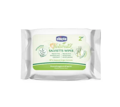 Embalagem de 20 toalhitas Chicco NaturalZ com proteção de citronela, ideais para refrescar e proteger a pele do bebê.