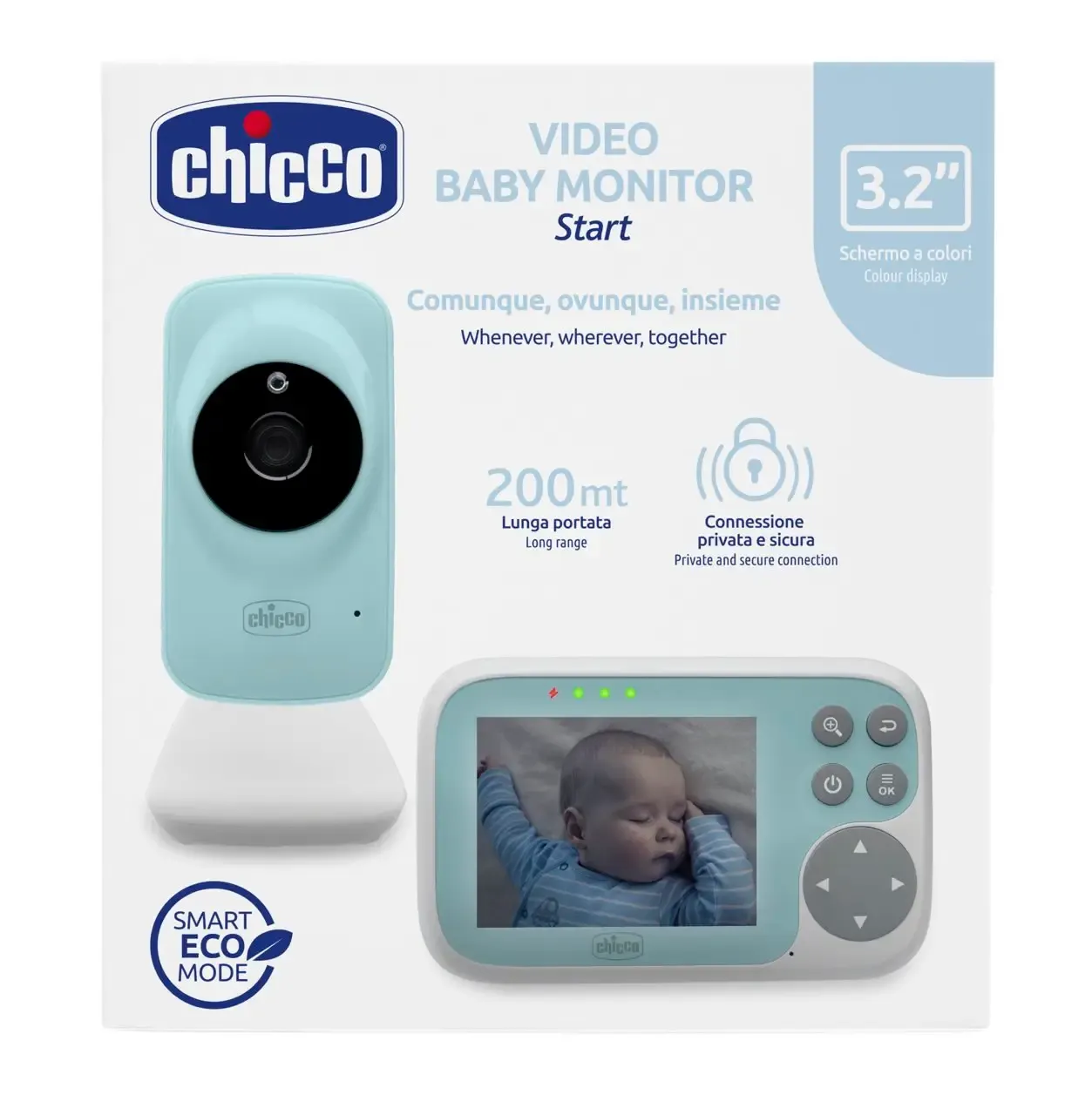 Chicco Baby Monitor Start com visão noturna, áudio bidirecional e longo alcance.