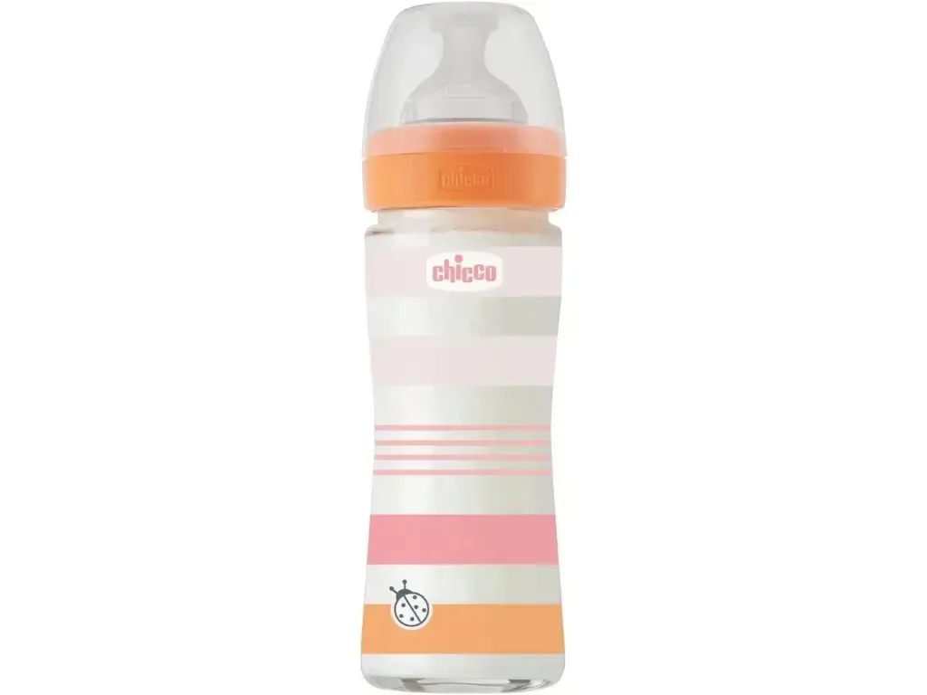 Biberão Chicco Well-Being Vidro Fluxo Lento 240ml com tetina Physio em silicone macio.