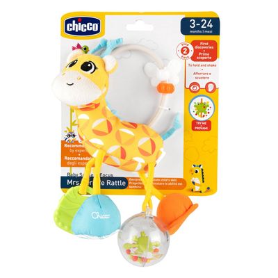 Chicco Mrs Giraffe – Brinquedo educativo com diferentes atividades sensoriais e efeitos sonoros para bebés.