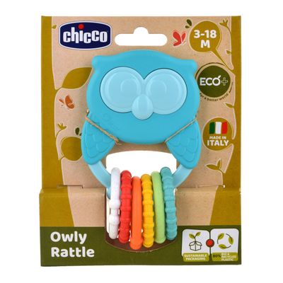 Chicco Roca Mocho ECO+ – Roca colorida em forma de coruja com anéis texturizados.