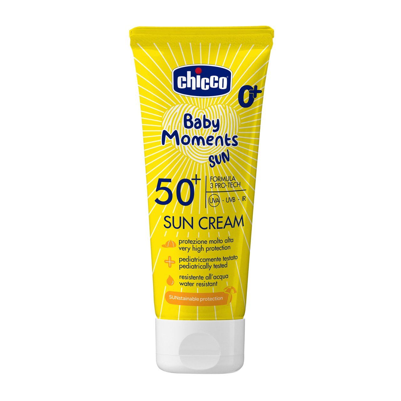Chicco Creme Solar SPF50+, alta proteção para peles sensíveis do bebé, 75ml.