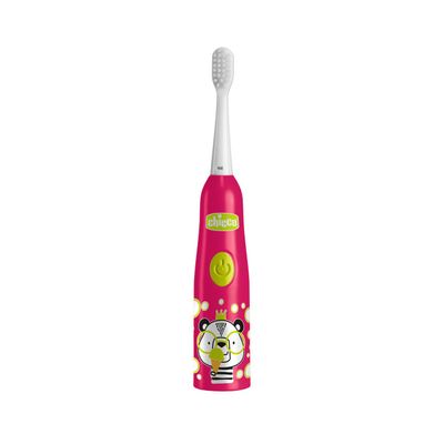 Escova Elétrica Infantil Chicco 3+, ação suave para gengivas sensíveis, com cerdas ultrafinas e duas cabeças substituíveis.