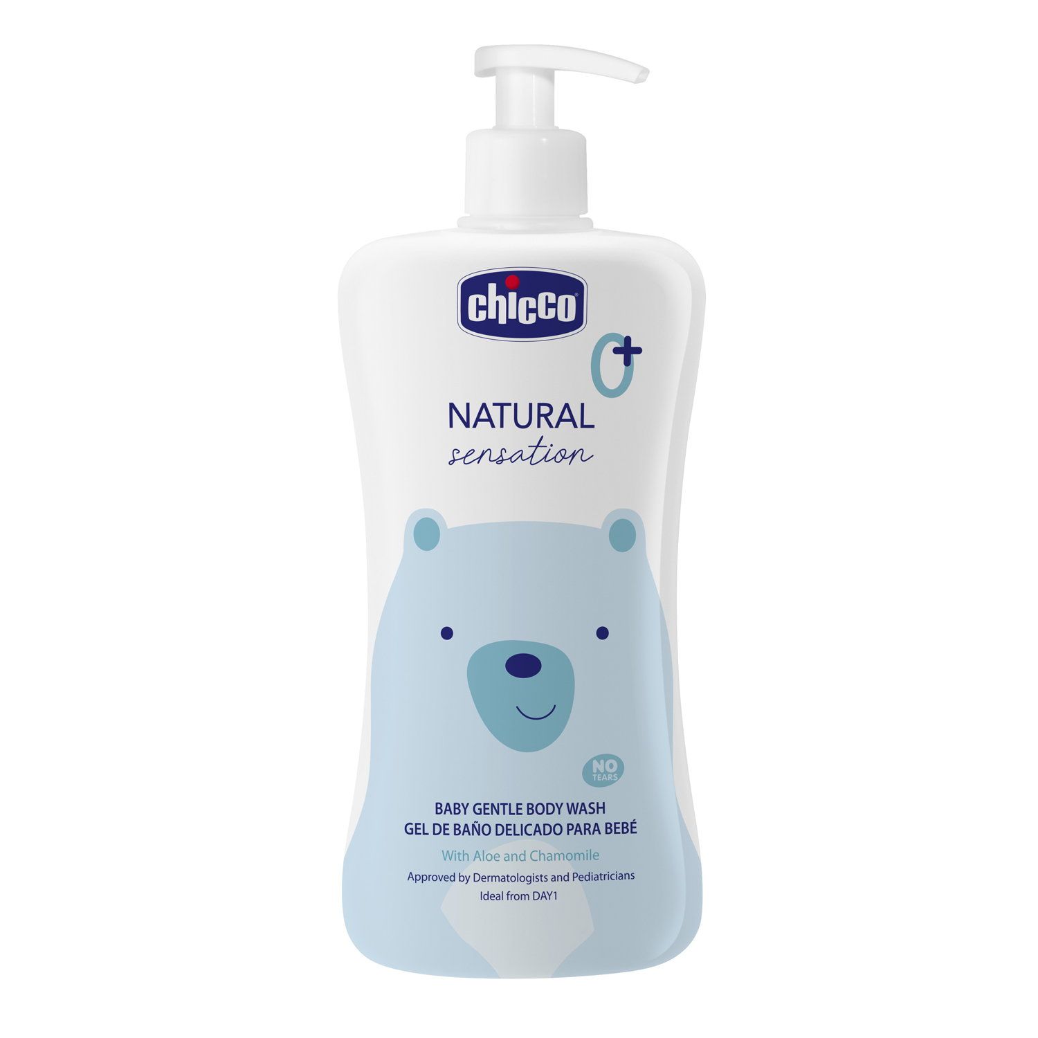 Chicco Limpeza Corporal 500ml, fórmula suave para pele sensível do bebê, fácil de enxaguar.
