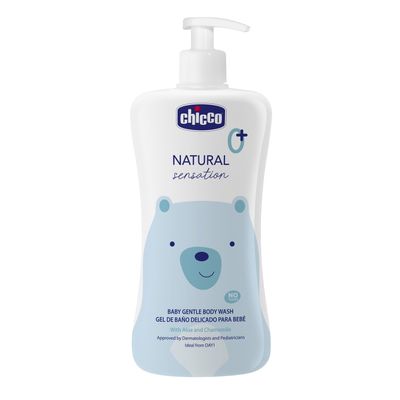 Chicco Limpeza Corporal 500ml, fórmula suave para pele sensível do bebê, fácil de enxaguar.