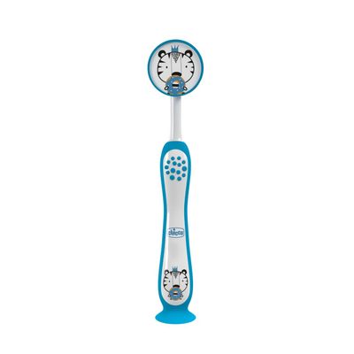 Escova de Dentes de Leite Chicco Azul 3-6 Anos com ventosa e tampa protetora.
