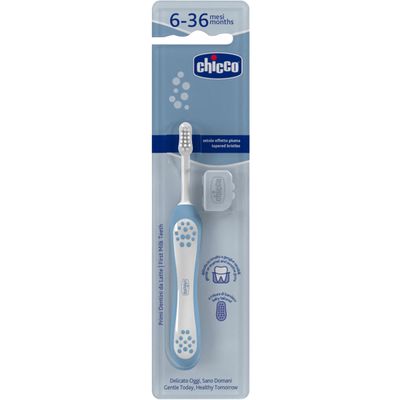 Escova de Dentes de Leite Chicco Azul 3-6A com cerdas macias e cabeça arredondada.