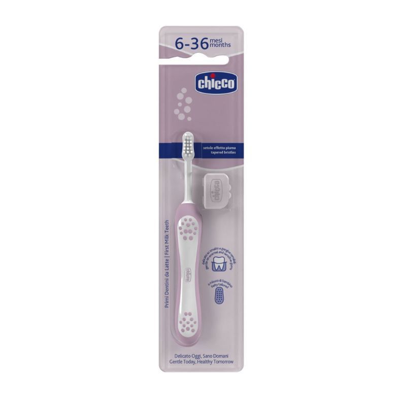 Escova Primeiros Dentes Chicco 6-36M com cabo ergonômico e cabeça pequena.