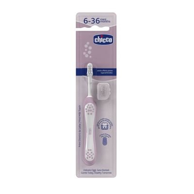 Escova Primeiros Dentes Chicco 6-36M com cabo ergonômico e cabeça pequena.