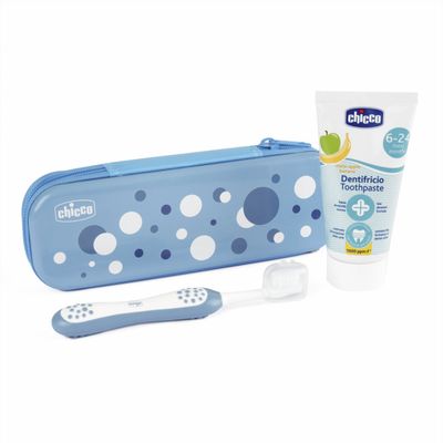  Kit Pasta e Escova de Dentes Chicco 6-36m Azul, ideal para higiene oral infantil.