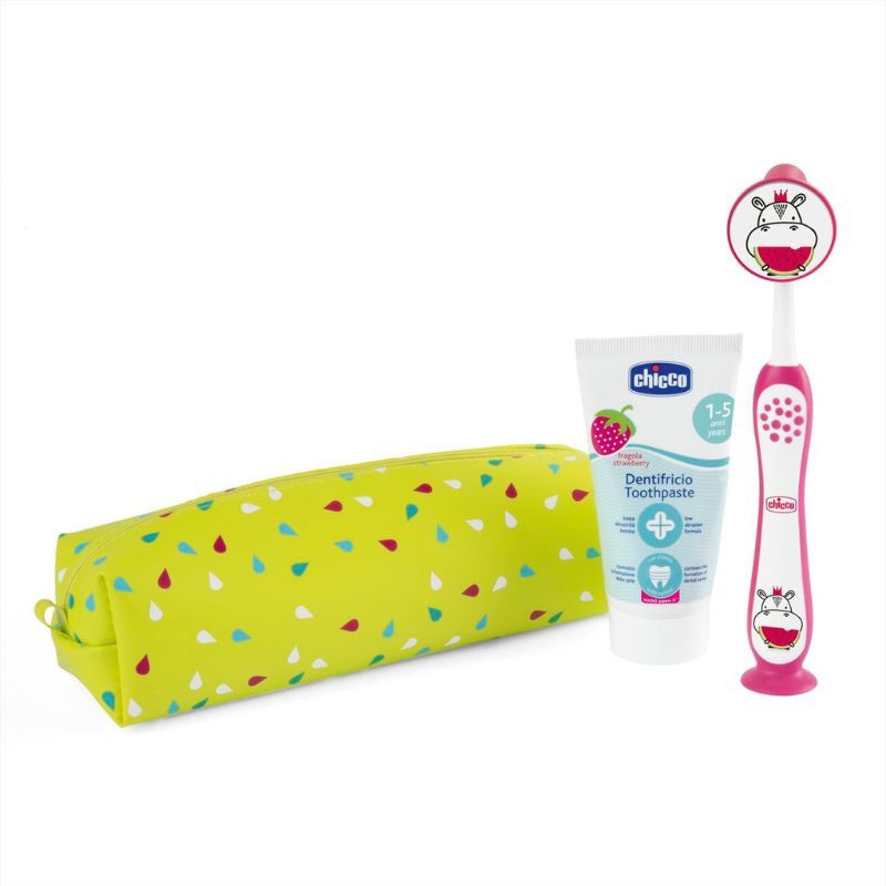 Conjunto Higiene Oral Chicco 36M+, escova macia e pasta sabor morango.