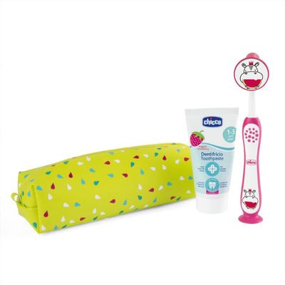 Conjunto Higiene Oral Chicco 36M+, escova macia e pasta sabor morango.