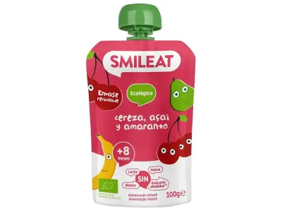 Saqueta orgânica Smileat de cereja, açaí e amaranto para bebés 100g