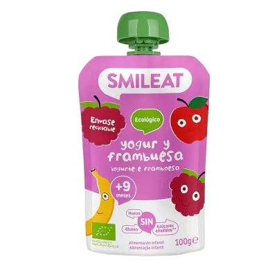Saqueta orgânica Smileat com iogurte, framboesa e banana para bebés 100g