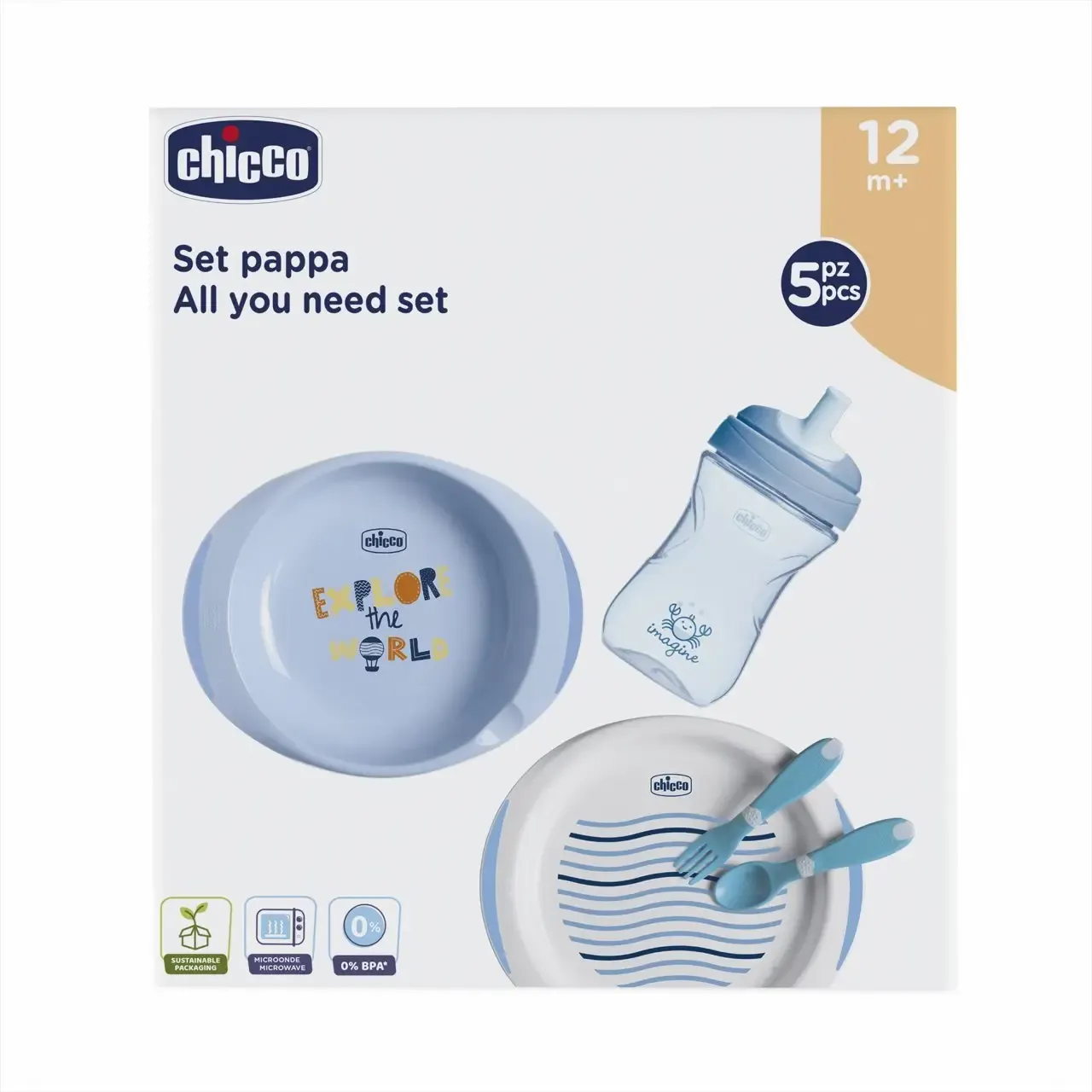 Conjunto de refeição Chicco para meninos com pratos, copo e talheres.