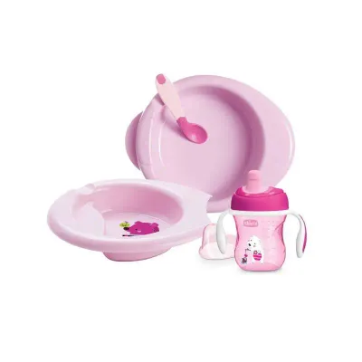 Conjunto de alimentação Chicco para bebés a partir dos 6 meses com prato térmico, tigela, copo e colher.