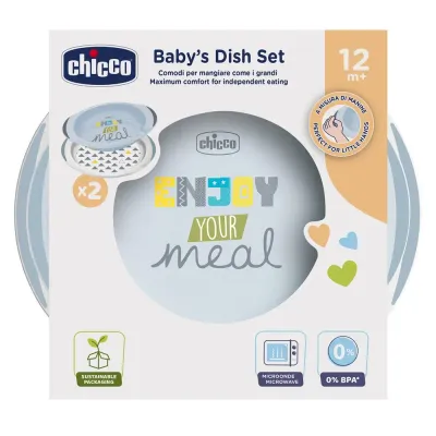 Conjunto de pratos Chicco 12M+ com base antiderrapante e design colorido.