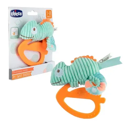 Roca Camaleão Chicco para bebés 3M+ - Brinquedo de dentição com guizo e anel macio, estimulação sensorial segura