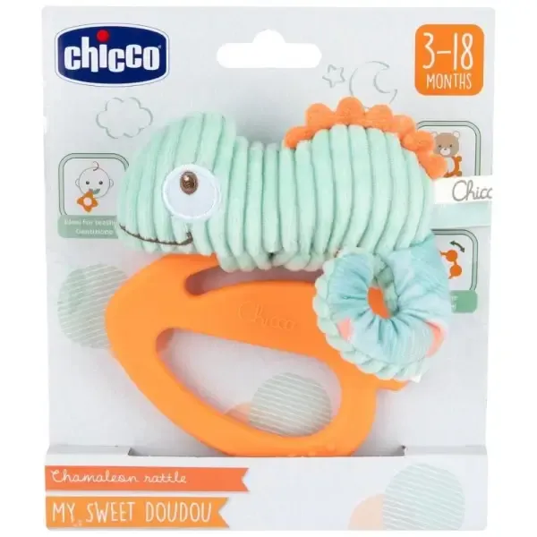 Roca Camaleão Chicco para bebés 3M+ - Brinquedo de dentição com guizo e anel macio, estimulação sensorial segura