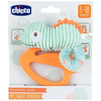 Roca Camaleão Chicco para bebés 3M+ - Brinquedo de dentição com guizo e anel macio, estimulação sensorial segura