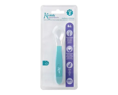 Colher de silicone azul Kiokids Step 2 para bebés a partir dos 6 meses.