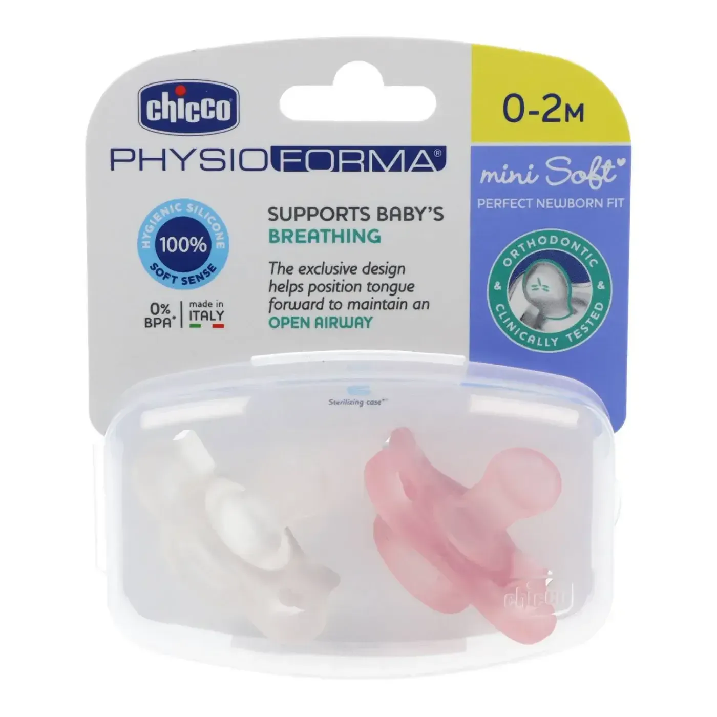 Chupetas Chicco PhysioForma Mini Soft 0–2M em rosa e neutro, super macias para recém-nascidos.
