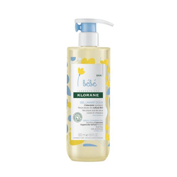 Frasco de 500ml do Klorane Bebé Gel Suave para corpo e cabelo.
