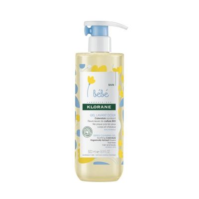 Frasco de 500ml do Klorane Bebé Gel Suave para corpo e cabelo.