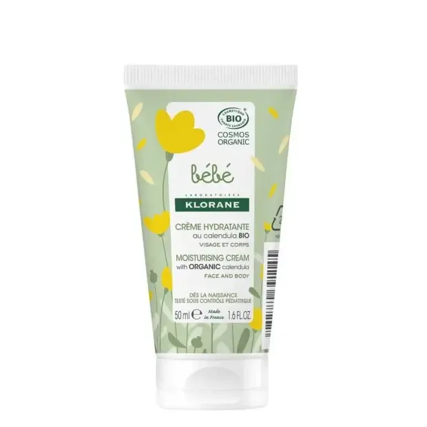 Bisnaga de 50ml do Klorane Bebé Creme Hidratante Bio para rosto e corpo.