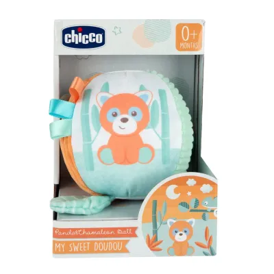 Bola sensorial Chicco Doudou com tecidos variados e chocalho interno para bebés.