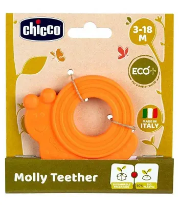 Mordedor Chicco Eco+ em forma de caracol, feito com bioplástico sustentável.