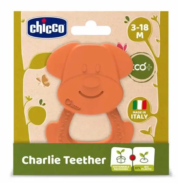 Mordedor ecológico Chicco Eco+ colorido, feito com bioplástico macio.