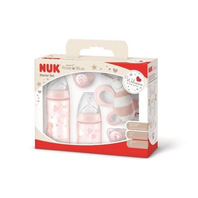 Kit NUK First Choice+ Baby Rosa com mamadeiras, chupetas e chocalho de pelúcia.