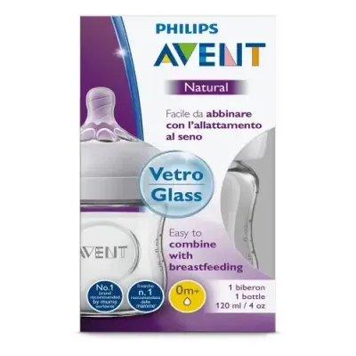 Biberão de Vidro Philips Avent Natural 120ml com tetina para recém-nascidos.