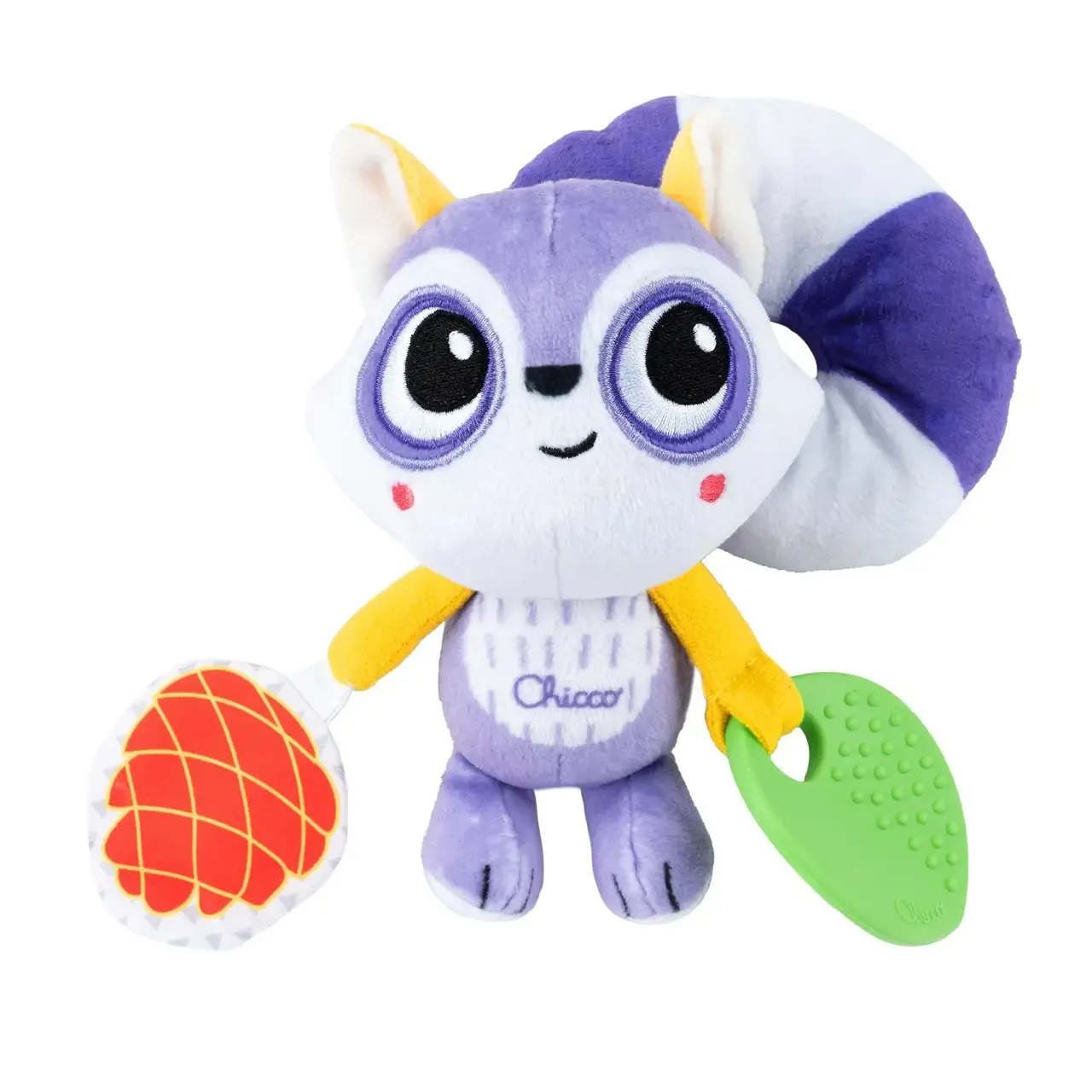Pelúcia de guaxinim Chicco On the Go para carrinho de bebê com mordedor e chocalho